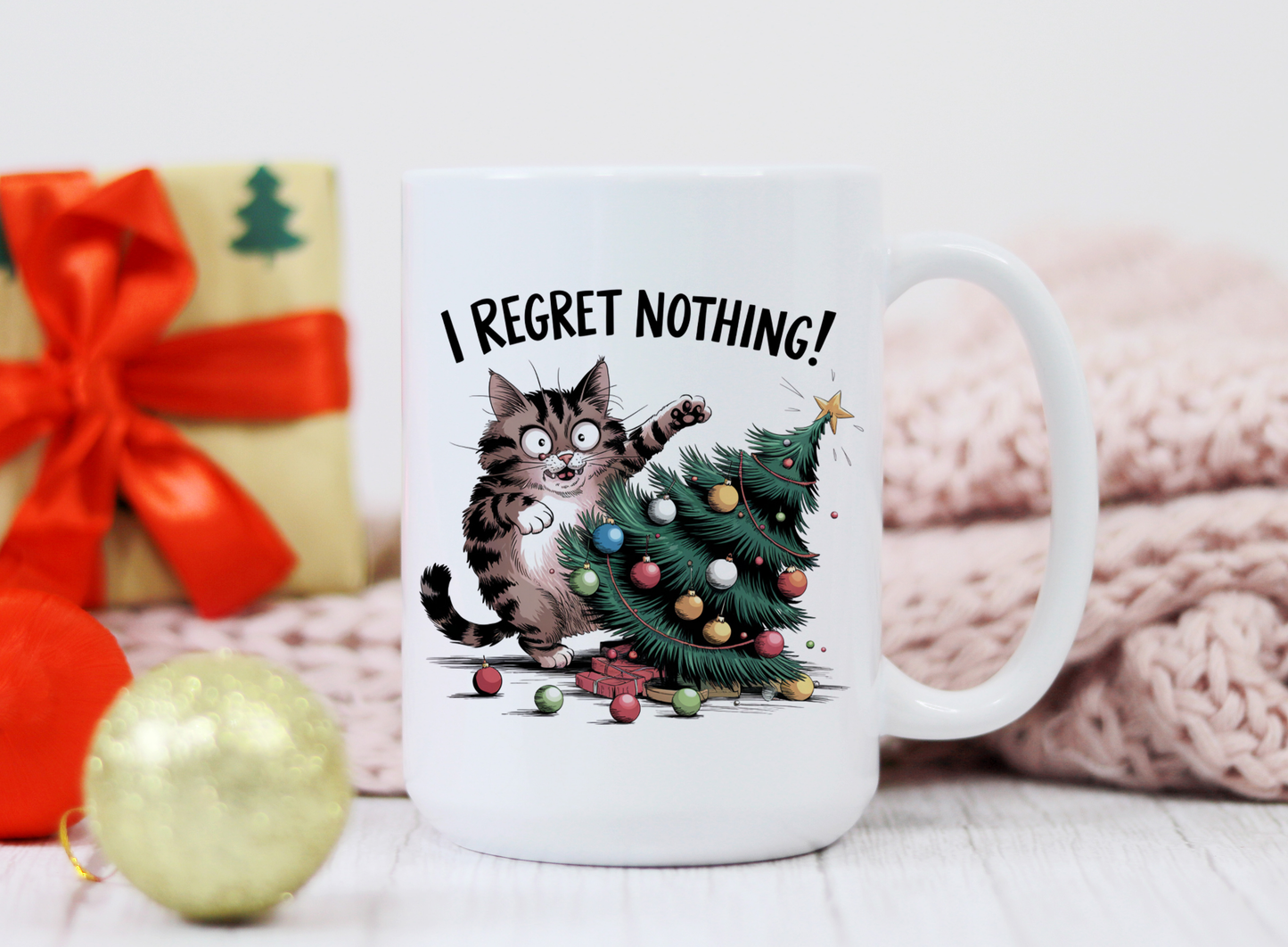 Christmas Mug - Cat Lover Gift -On the Naughty List - I Regret Nothing